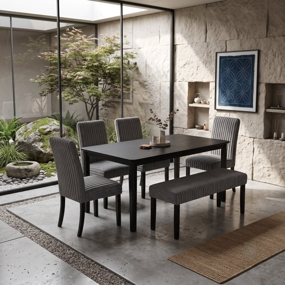 Home Design Guysaka 6-Piece Dining Set with Modern Rectangular Table, 4 Upholstered Corduroy Dining Chairs & Upholstered Bench, Gray