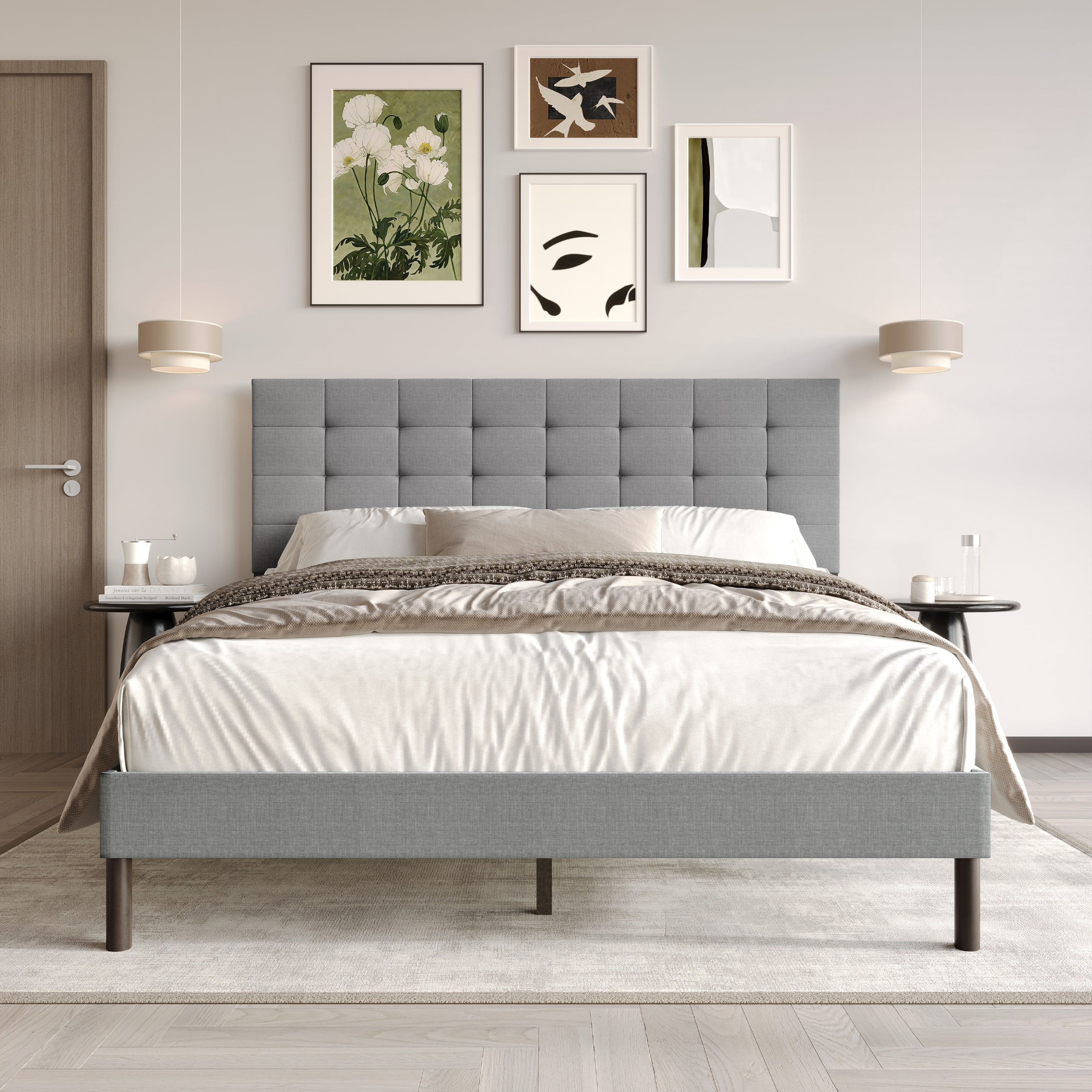 Home Design Haines King Linen Upholstered Panel Bed Frame with Rectangular Tufted Headboard & Sturdy Wooden Legs, Gray, Easy Assembly