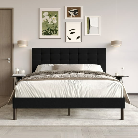 Home Design Haines King Linen Upholstered Panel Bed Frame with Rectangular Tufted Headboard & Sturdy Wooden Legs, Black, Easy Assembly