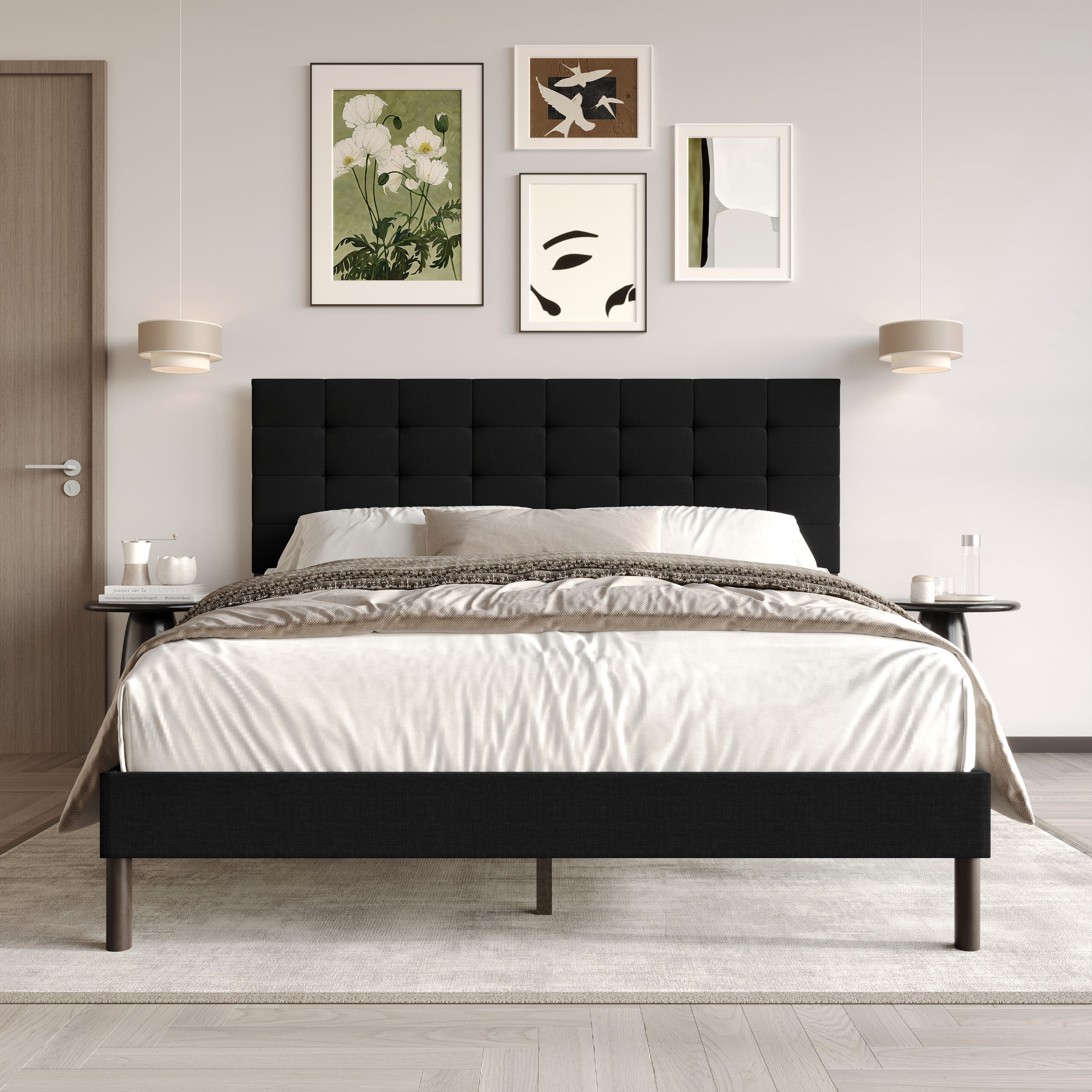 Home Design Haines Queen Linen Upholstered Panel Bed Frame with Rectangular Tufted Headboard & Sturdy Wooden Legs, Black, Easy Assembly