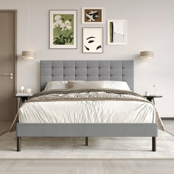 Home Design Haines Queen Linen Upholstered Panel Bed Frame with Rectangular Tufted Headboard & Sturdy Wooden Legs, Gray, Easy Assembly