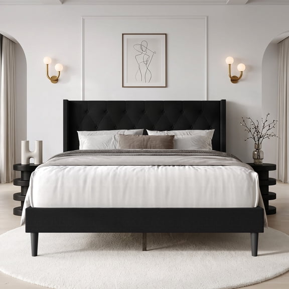 Home Design Hamden King Tufted Upholstered Wingback Platform Bed Frame with Button-Tufted Headboard, No Box Spring Required, Black