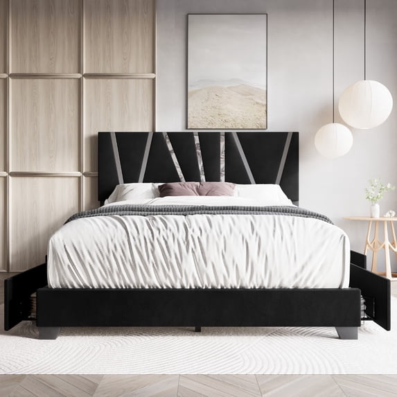Home Design Hanover Full Upholstered Storage Platform Bed Frame with Silver Acrylic Strip Headboard and Four Under-Drawers, Black, Easy Assembly