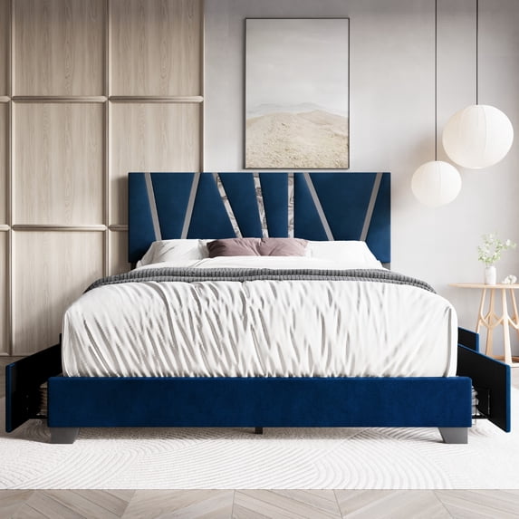 Home Design Hanover Full Upholstered Storage Platform Bed Frame with Silver Acrylic Strip Headboard and Four Under-Drawers, Blue, Easy Assembly