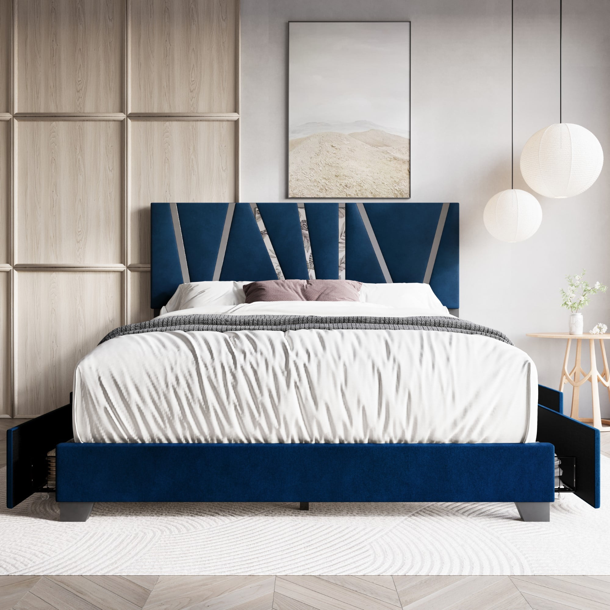 Home Design Hanover King Upholstered Storage Platform Bed Frame with Silver Acrylic Strip Headboard and Four Under-Drawers, Blue, Easy Assembly