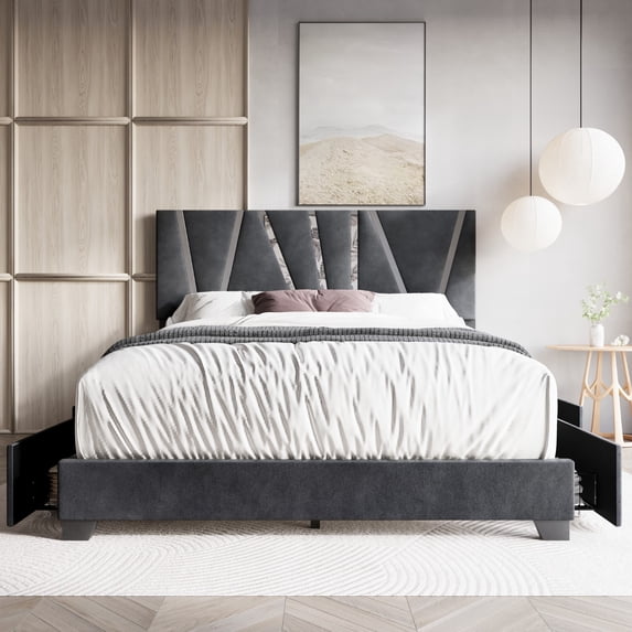 Home Design Hanover Queen Upholstered Storage Platform Bed Frame with Silver Acrylic Strip Headboard and Four Under-Drawers, Dark Gray, Easy Assembly
