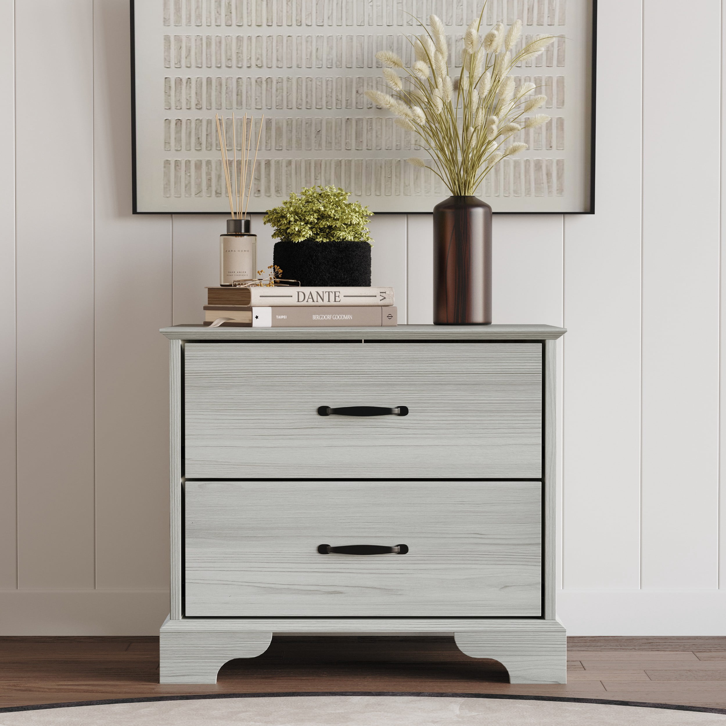 Home Design Harley 2-Drawer Nightstand, Modern Bedroom Storage Furniture, Light Gray Finish, Easy Assembly