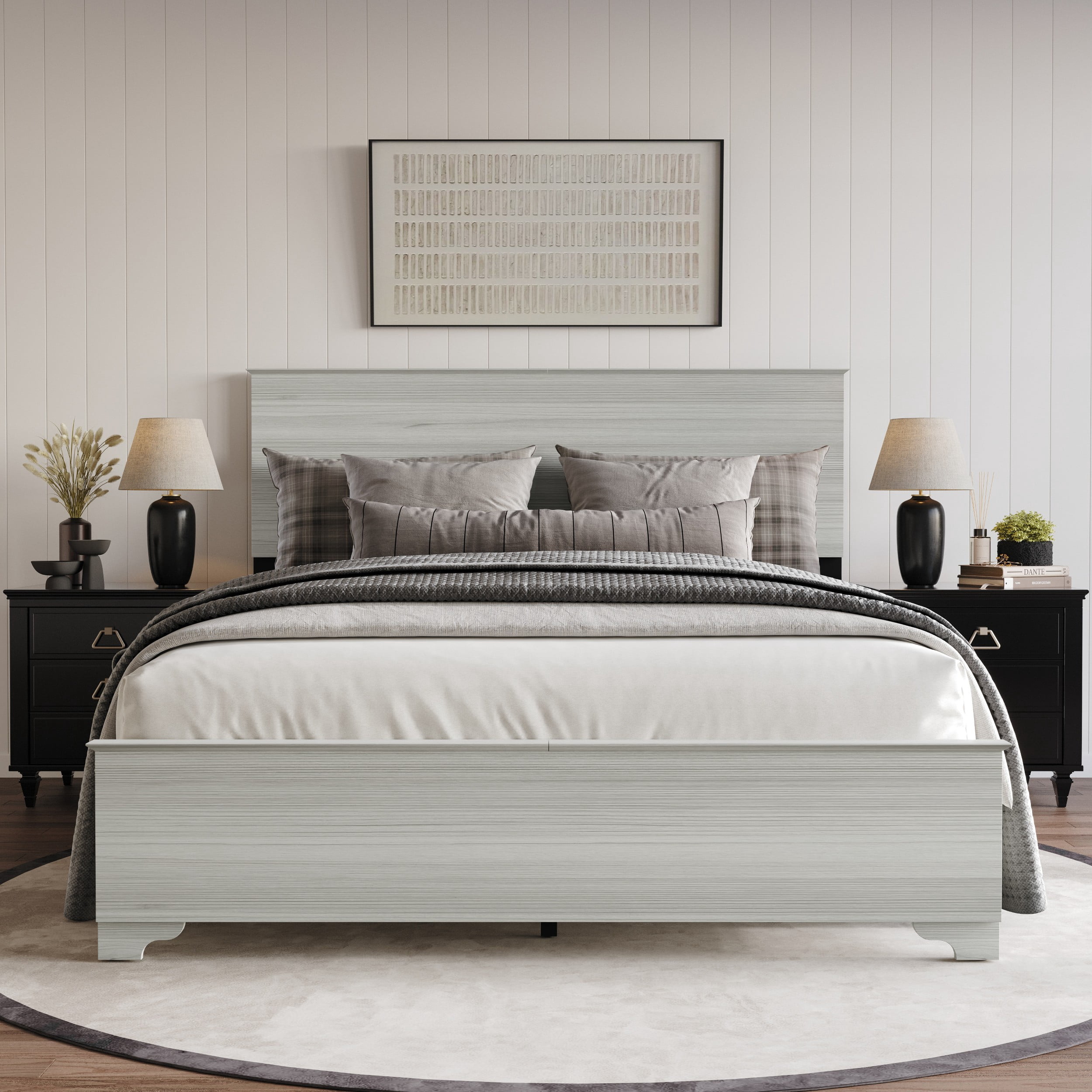 Home Design Harley King Panel Bed Frame With Wood Headboard & Footboard, Require Box Spring, Light Gray, Easy Assembly