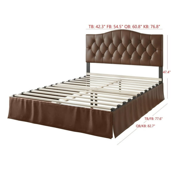Home Design Harper Full Tufted Upholstered Platform Bed Frame with Arched Headboard and Bed Skirt, Brown, Easy Assembly