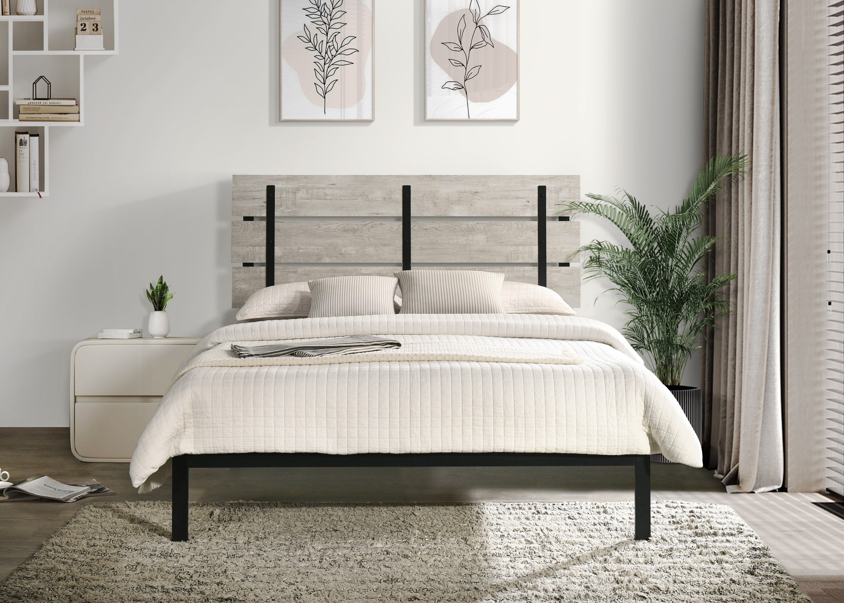 Home Design Hayward Queen Metal Platform Bed Frame with Full Slats and Under-Bed Storage, Gray, Easy Assembly