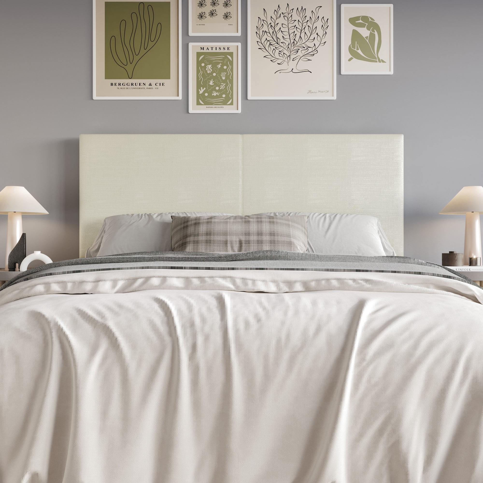 Home Design Hazard Queen Upholstered Headboard with Foam Padding and Minimalist Design, Metallic White, Easy Assembly