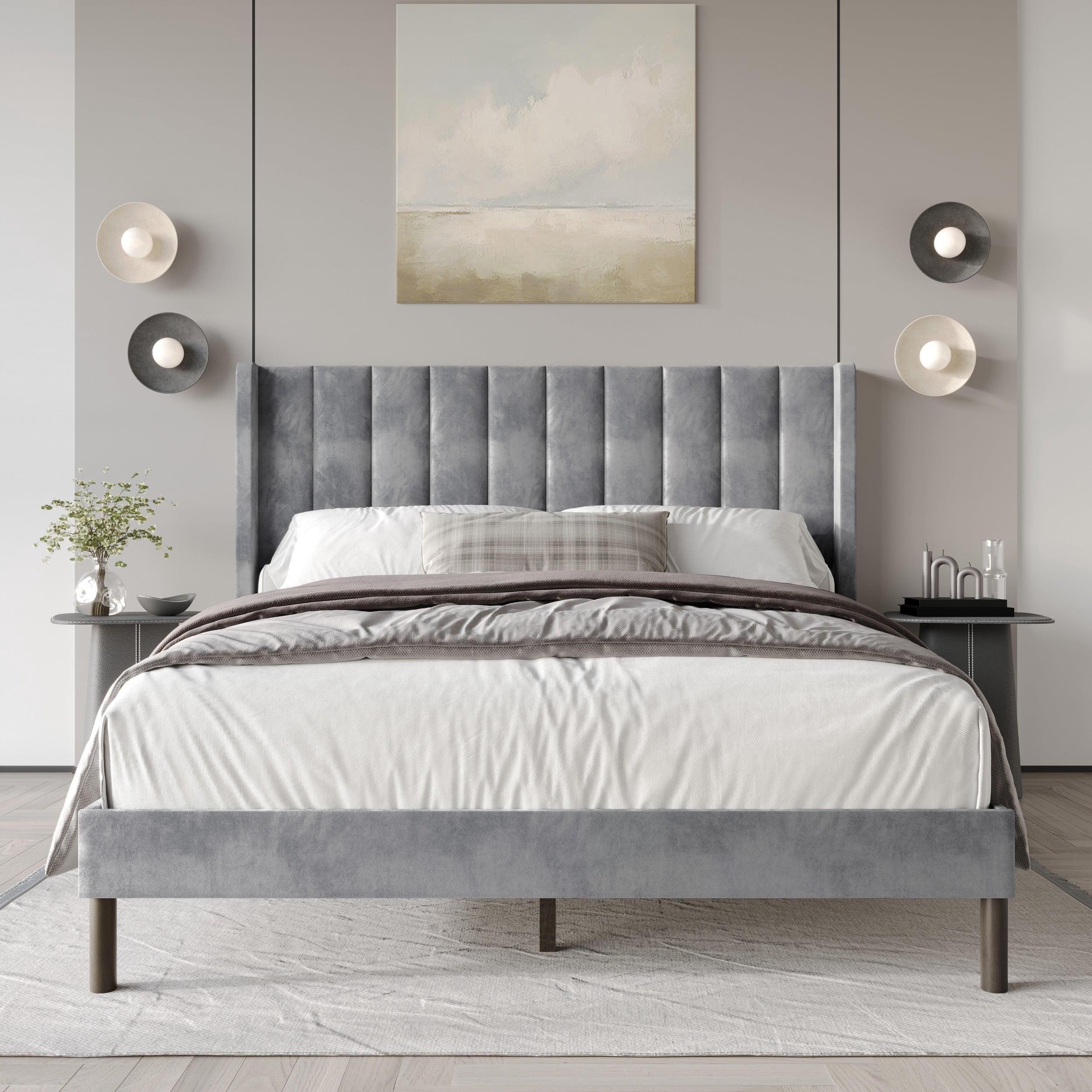 Home Design Herrin King Tufted Luxurious Velvet Upholstered Wingback Panel Bed Frame with Vertical Channel Tufting & Wingback Design, Silver Gray, Easy Assembly