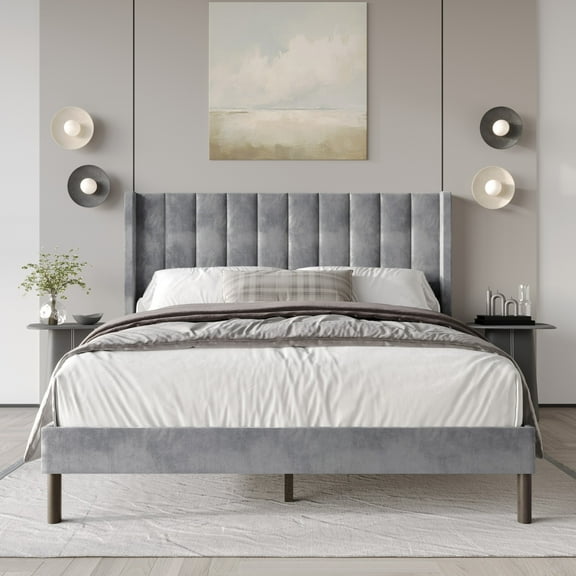 Home Design Herrin Queen Tufted Luxurious Velvet Upholstered Wingback Panel Bed Frame with Vertical Channel Tufting & Wingback Design, Silver Gray, Easy Assembly