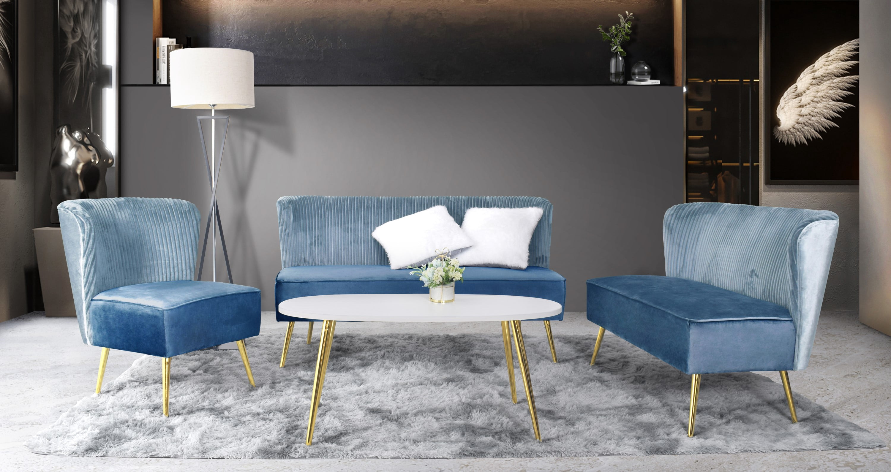Home Design Hestie Velvet Loveseat with Curved Backrest and Gold Metal Legs, Modern Armless Design for Adult Living Room, Blue