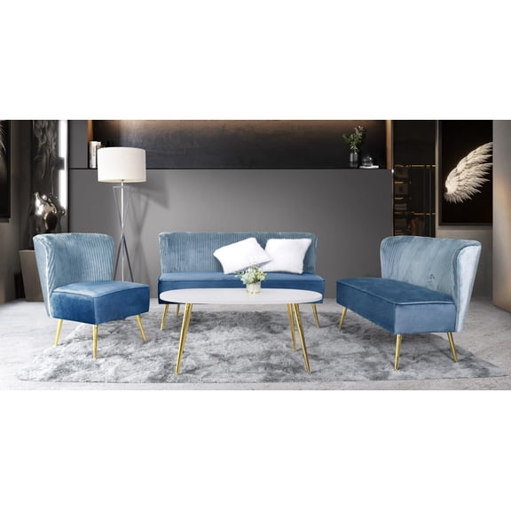 Home Design Hestie Velvet Loveseat with Curved Backrest and Gold Metal Legs, Modern Armless Design for Adult Living Room, Blue