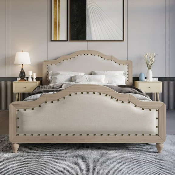 Home Design Hilton Queen Platform Bed Frame with Foam-Padded Headboard and Nailhead Trim, Antique Gray/Warm Gray, Easy Assembly