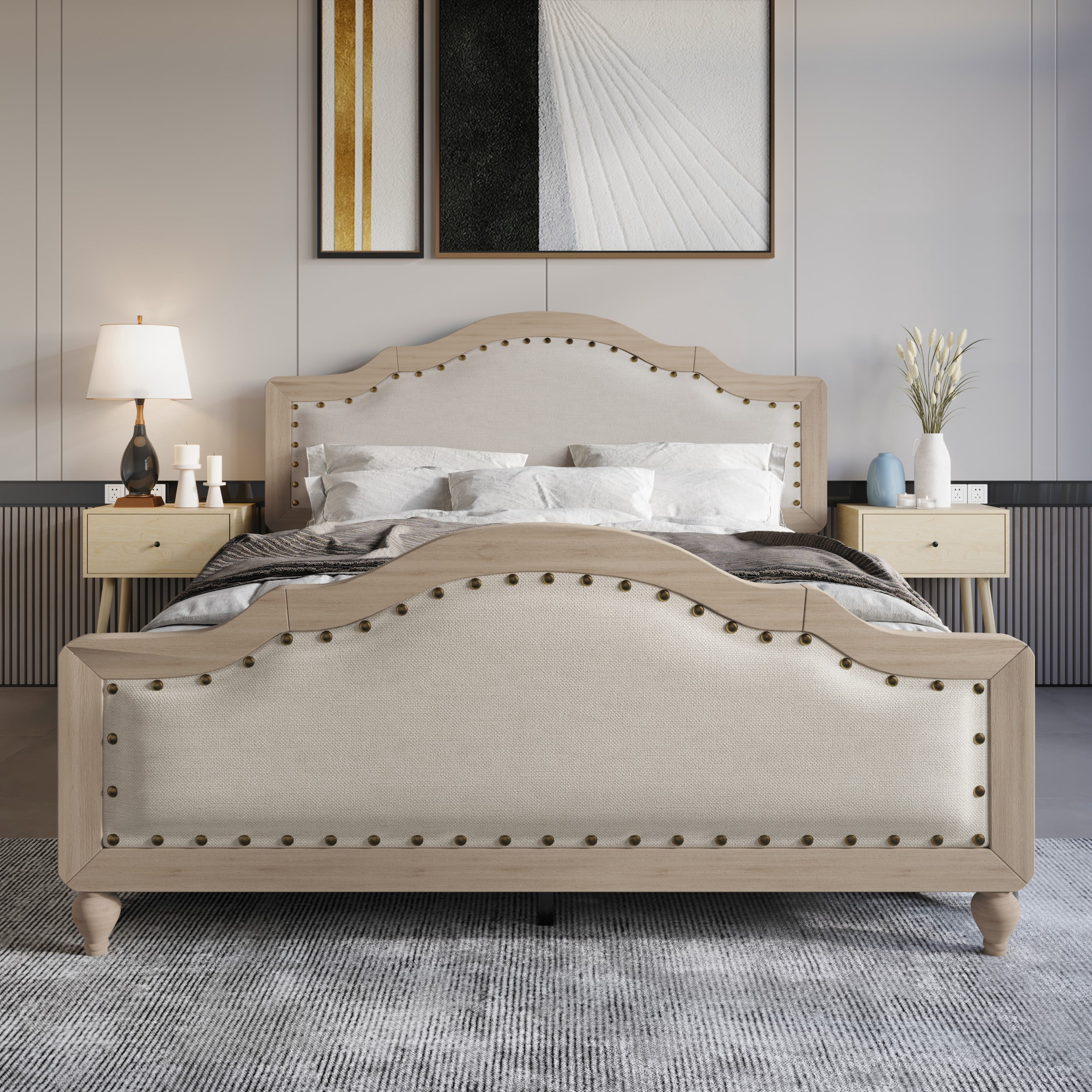 Home Design Hilton Twin Platform Bed Frame with Foam-Padded Headboard and Nailhead Trim, Antique Gray/Warm Gray, Easy Assembly