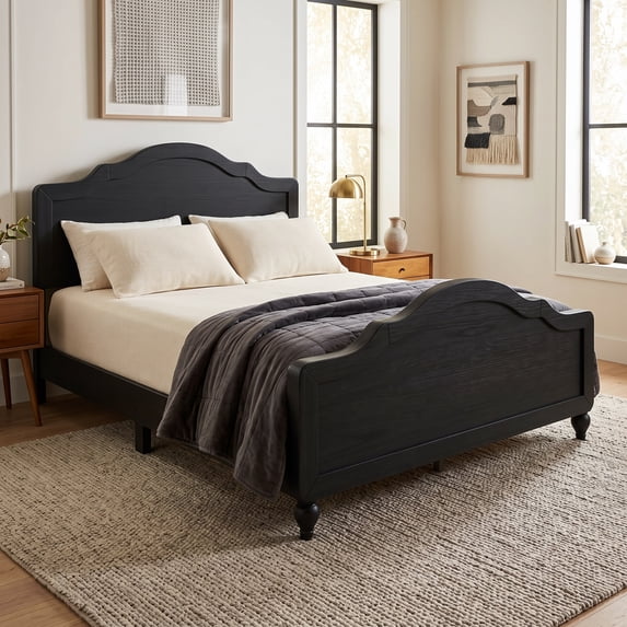 Home Design Hinton Queen Platform Bed Frame, Solid Wood Construction, Black
