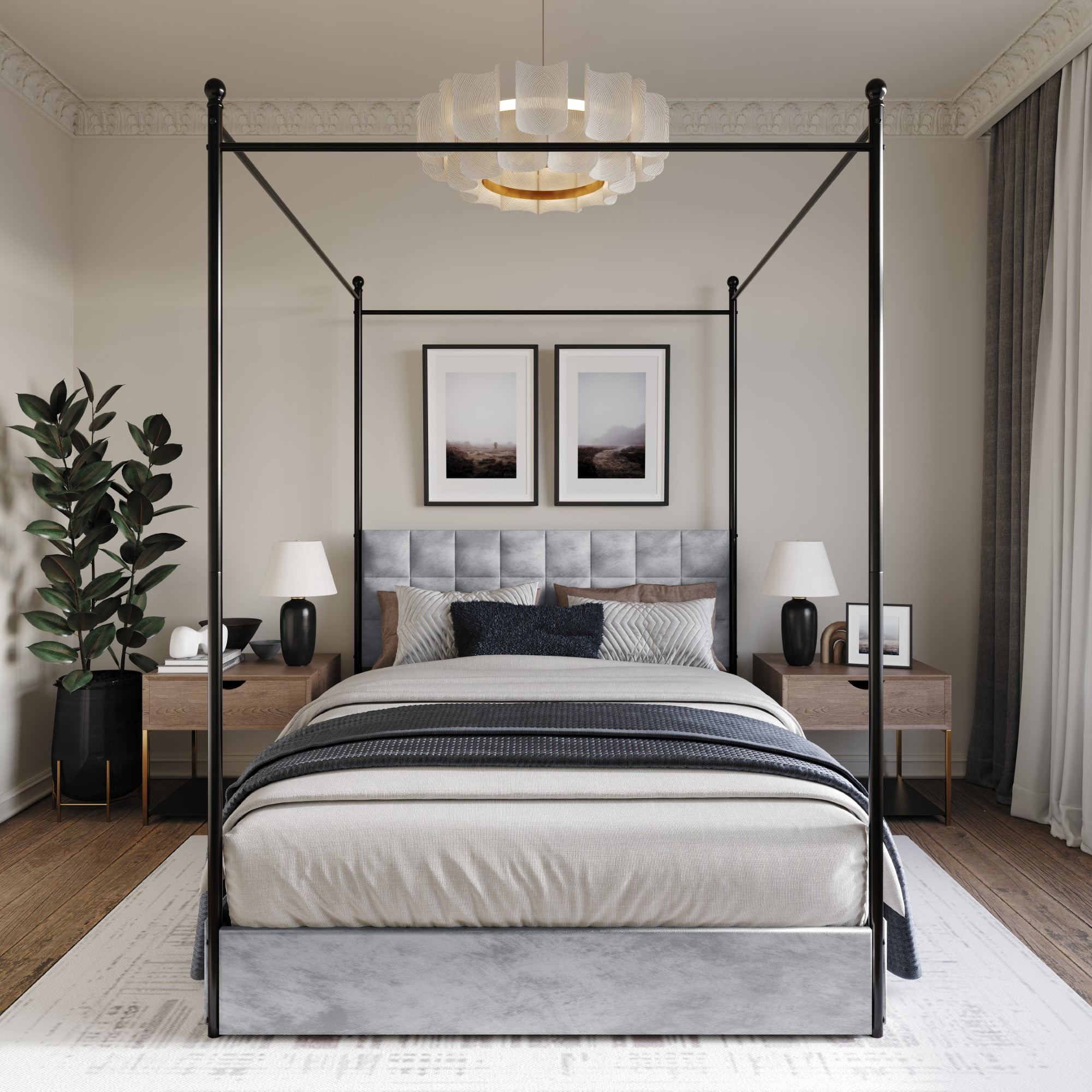 Home Design Hobart King Upholstered Metal Storage Canopy Bed Frame with Square-Tufted Headboard and Four Under-Bed Drawers, Silver Gray, Easy Assembly