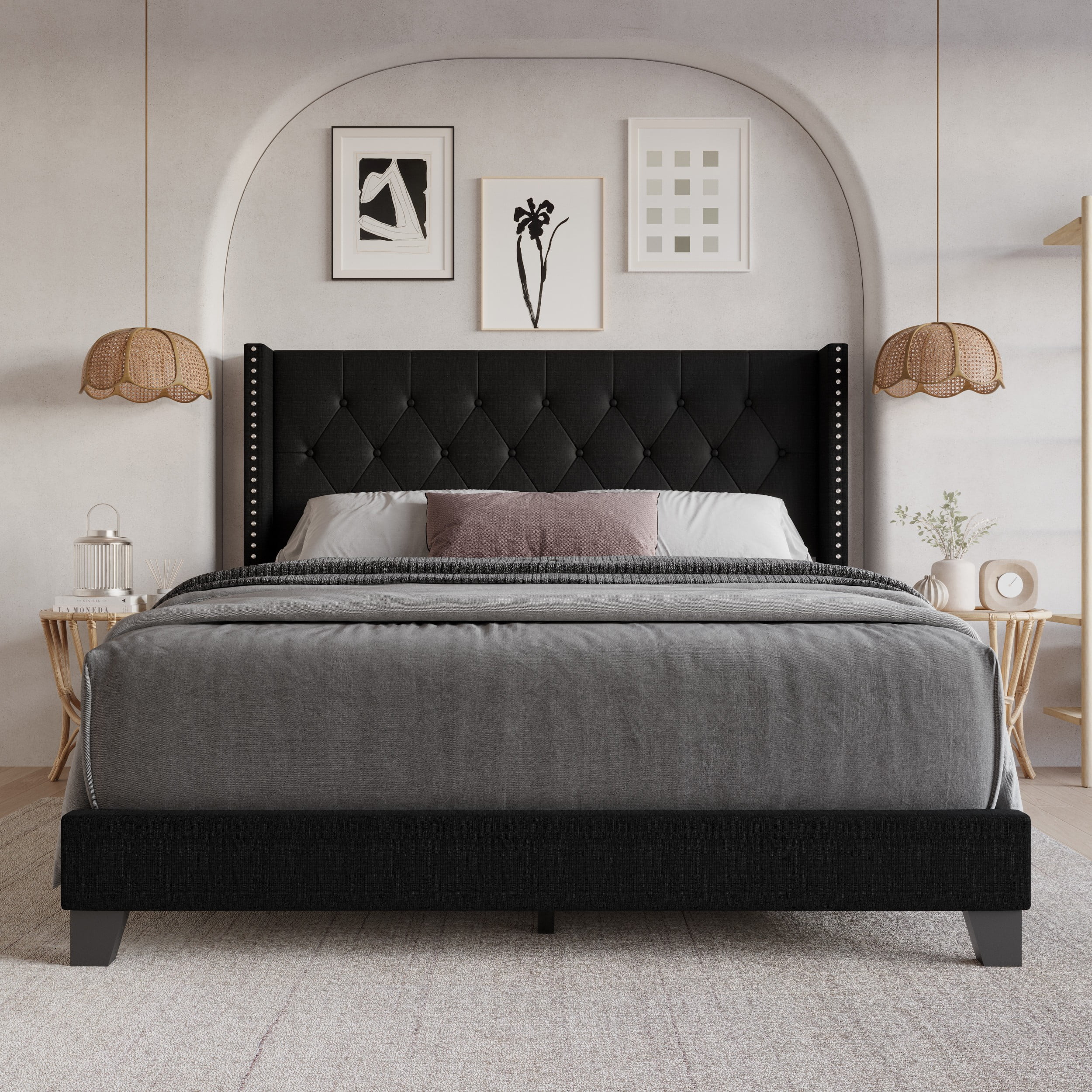 Home Design Homer Full Button-Tufted Wingback Upholstered Panel Bed Frame with Nailhead Trim design for Adult, Black, Easy Assembly