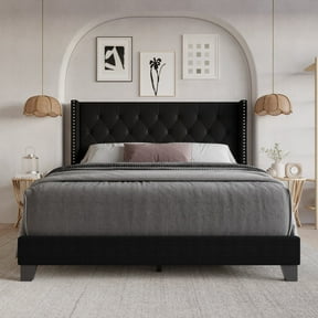 Home Design Homer Full Button-Tufted Wingback Upholstered Panel Bed Frame with Nailhead Trim design for Adult, Black, Easy Assembly