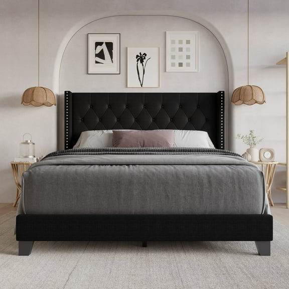 Home Design Homer King Button-Tufted Wingback Upholstered Panel Bed Frame with Nailhead Trim design for Adult, Black, Easy Assembly