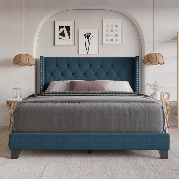 Home Design Homer King Button-Tufted Wingback Upholstered Panel Bed Frame with Nailhead Trim design for Adult, Denim Blue, Easy Assembly