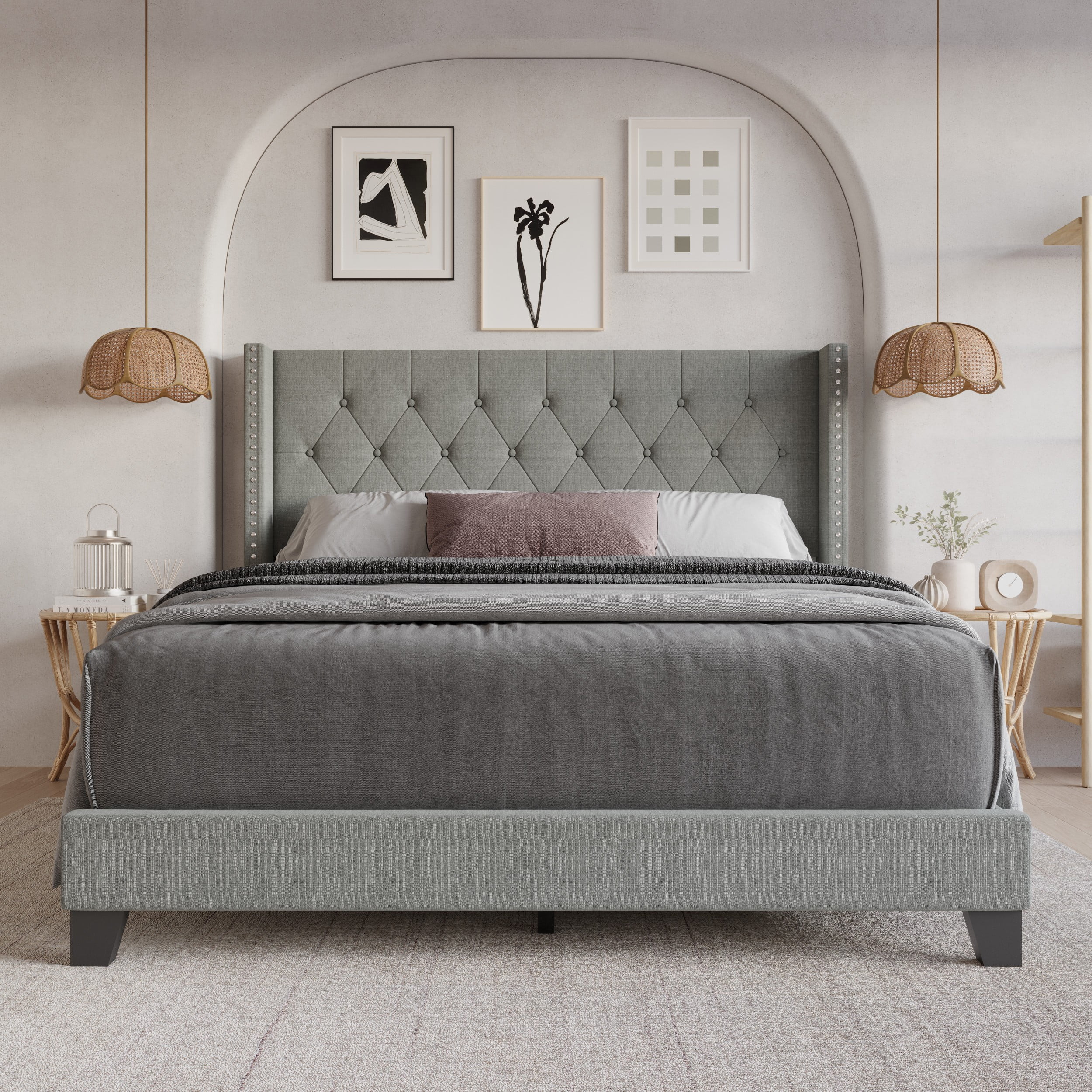 Home Design Homer King Button-Tufted Wingback Upholstered Panel Bed Frame with Nailhead Trim design for Adult, Gray, Easy Assembly
