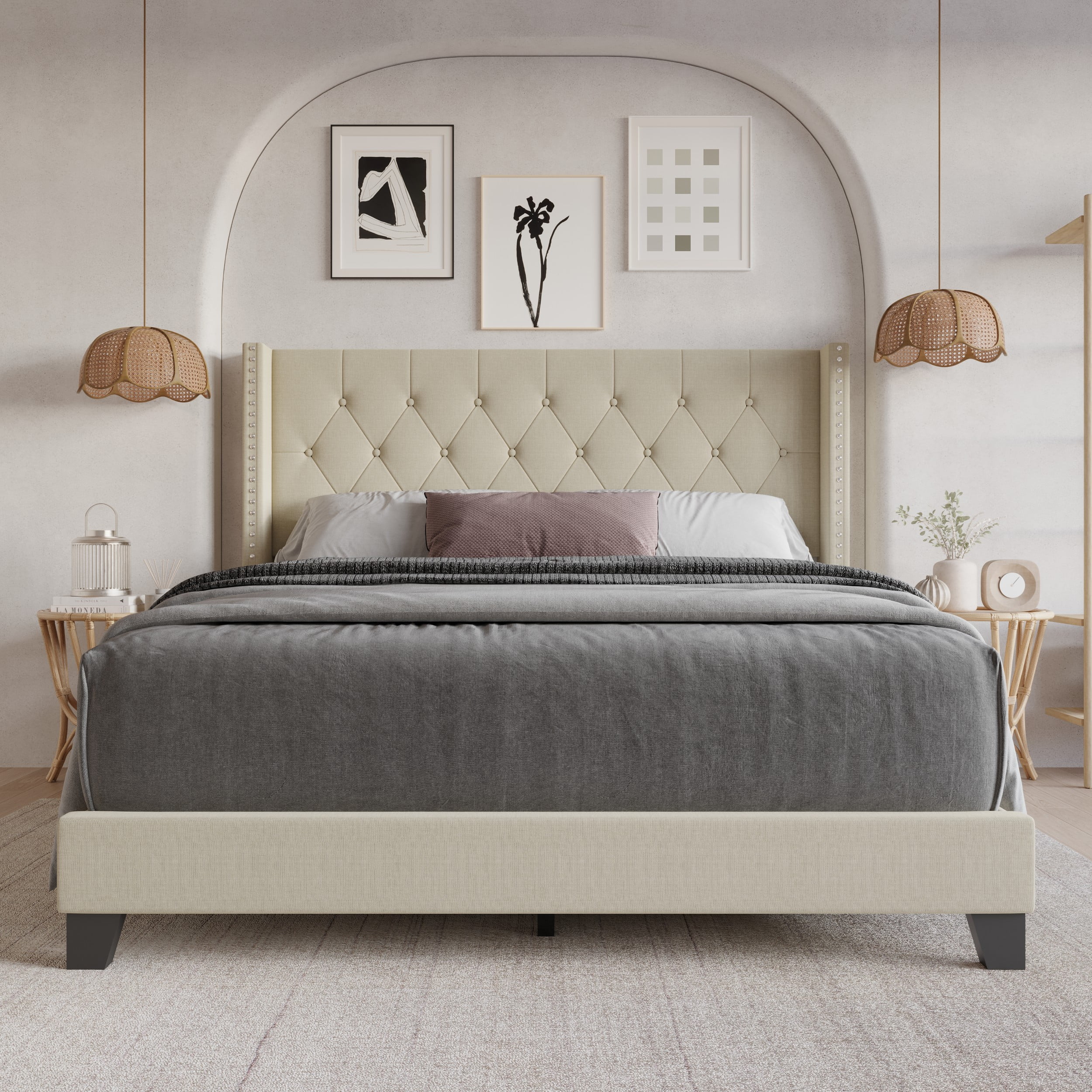 Home Design Homer Queen Button-Tufted Wingback Upholstered Panel Bed Frame with Nailhead Trim design for Adult, Beige, Easy Assembly