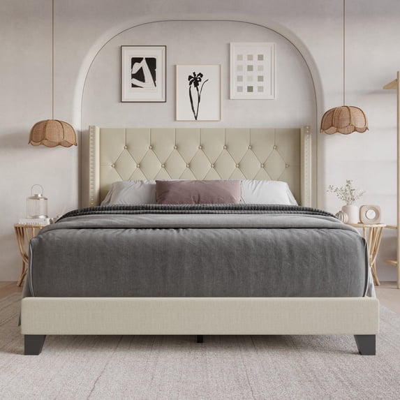 Home Design Homer Queen Button-Tufted Wingback Upholstered Panel Bed Frame with Nailhead Trim design for Adult, Beige, Easy Assembly