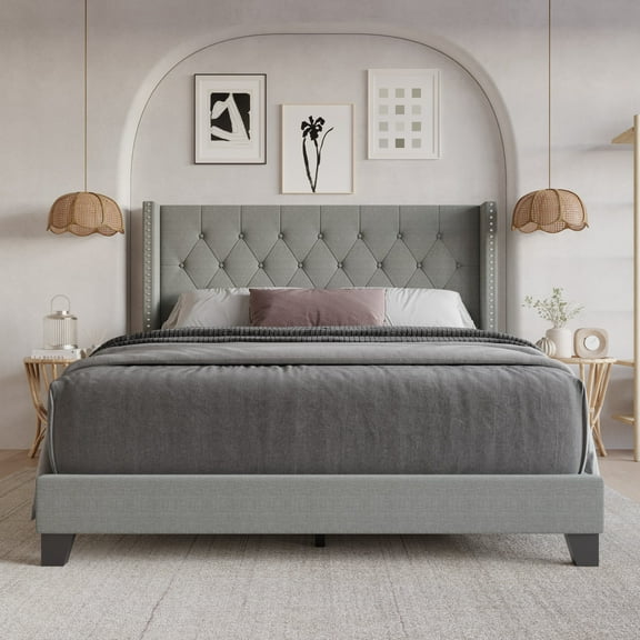 Home Design Homer Queen Button-Tufted Wingback Upholstered Panel Bed Frame with Nailhead Trim design for Adult, Gray, Easy Assembly