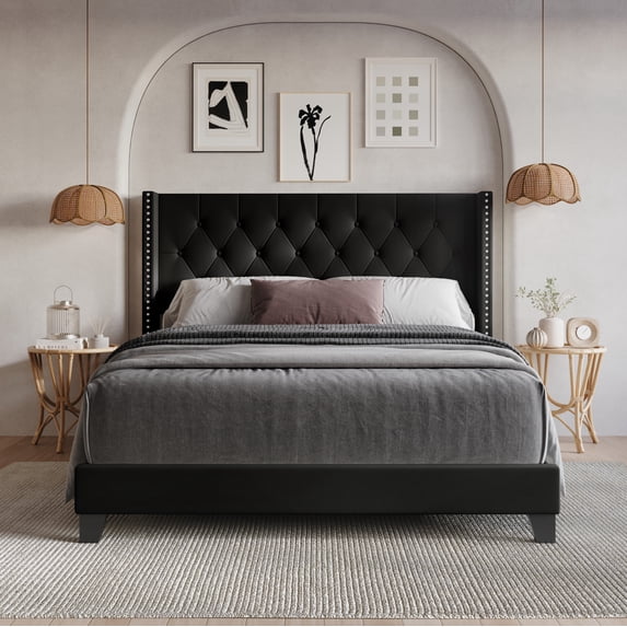 Home Design Homer King Button-Tufted Wingback Upholstered Panel Bed Frame with Nailhead Trim design for Adult, Black, Easy Assembly