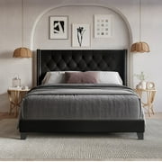 Home Design Homer Queen Button-Tufted Wingback Upholstered Panel Bed Frame with Nailhead Trim design for Adult, Black, Easy Assembly