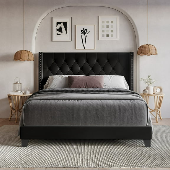 Home Design Homer Twin Button-Tufted Wingback Upholstered Panel Bed Frame with Nailhead Trim design for Adult, Black, Easy Assembly
