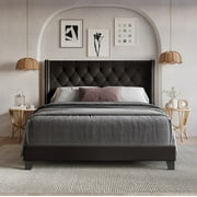 Home Design Homer Full Button-Tufted Wingback Upholstered Panel Bed Frame with Nailhead Trim design for Adult, Brown, Easy Assembly