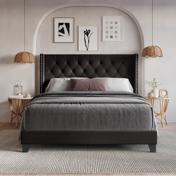 Home Design Homer King Button-Tufted Wingback Upholstered Panel Bed Frame with Nailhead Trim design for Adult, Brown, Easy Assembly
