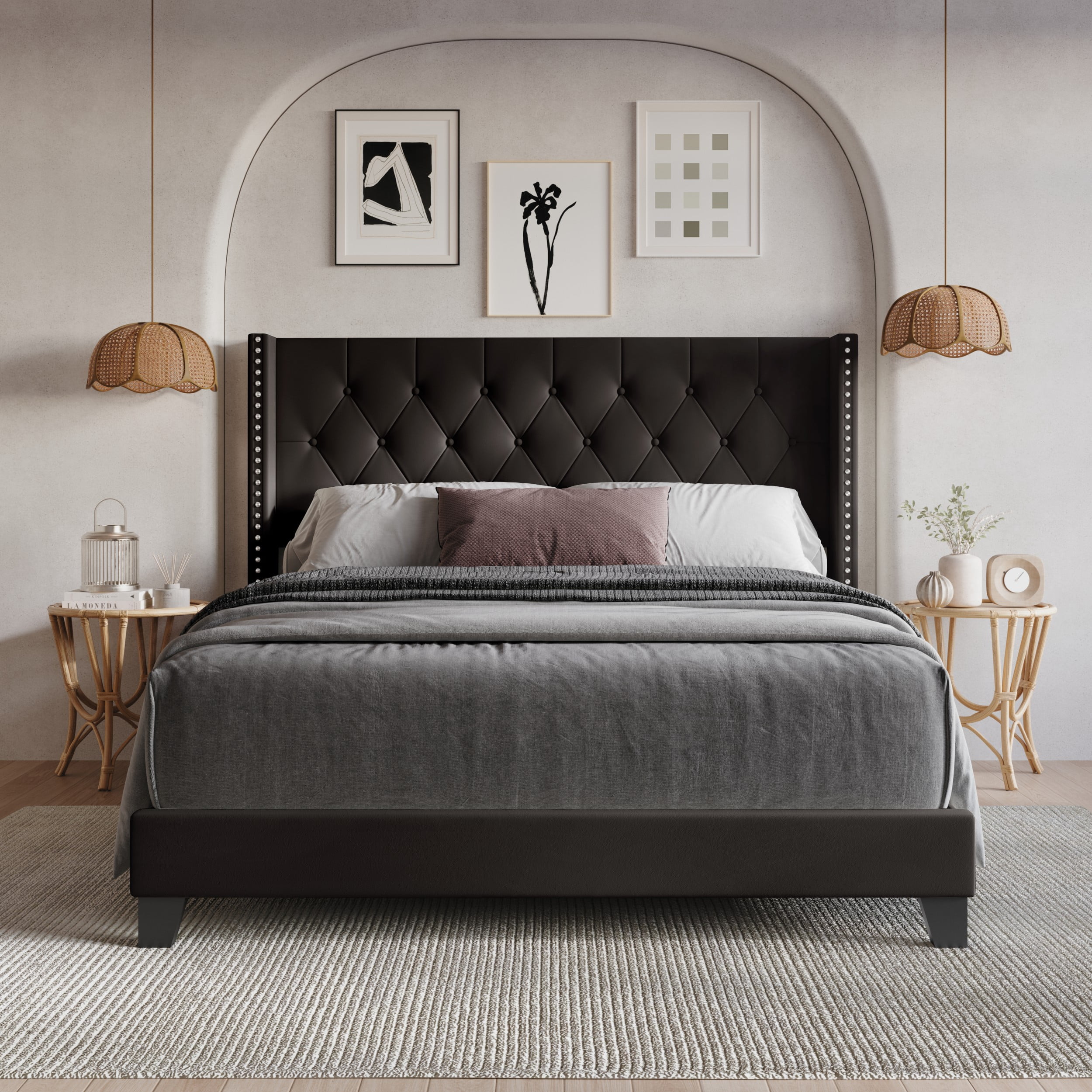 Home Design Homer Queen Button-Tufted Wingback Upholstered Panel Bed Frame with Nailhead Trim design for Adult, Brown, Easy Assembly