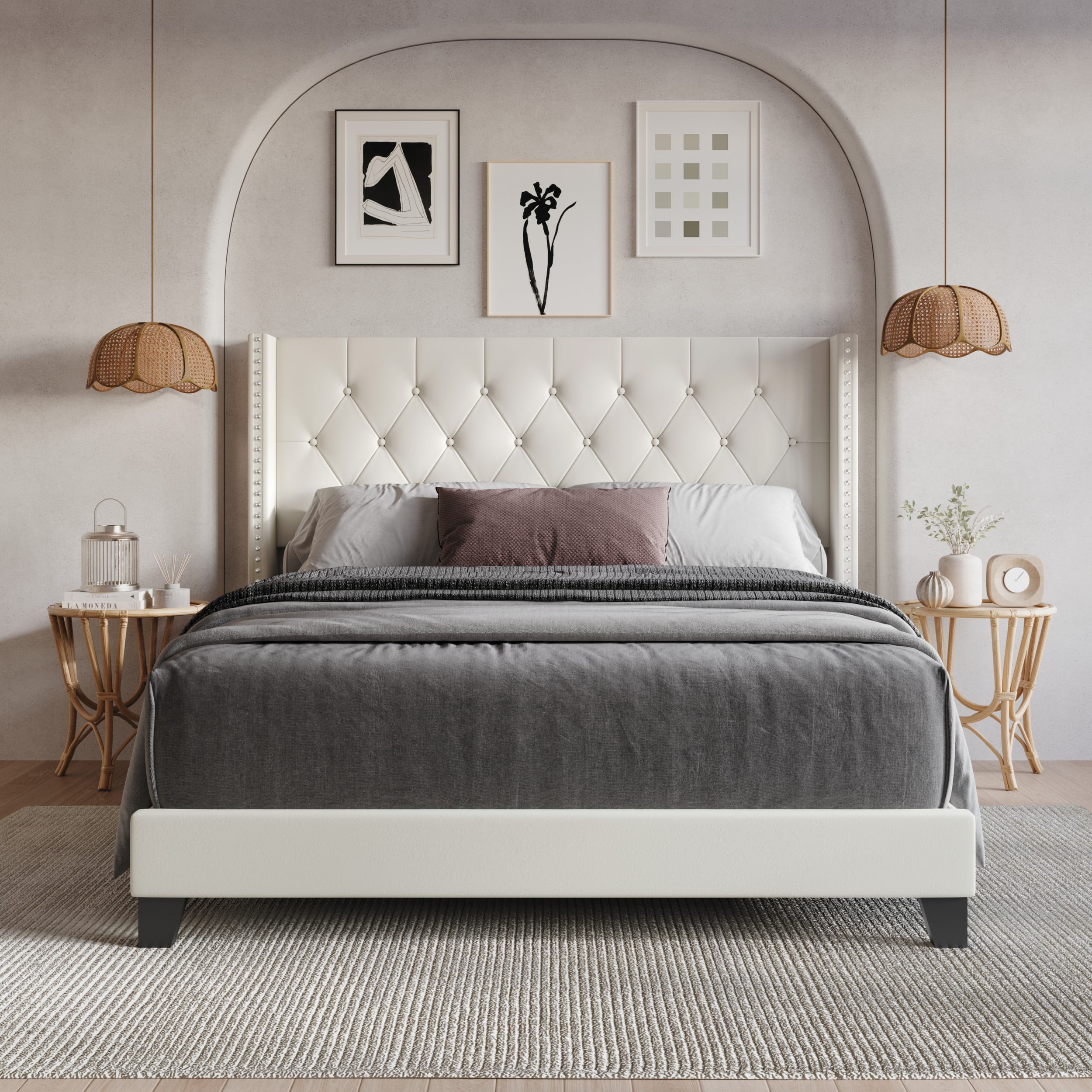 Home Design Homer Twin Button-Tufted Wingback Upholstered Panel Bed Frame with Nailhead Trim design for Adult, Light Beige, Easy Assembly
