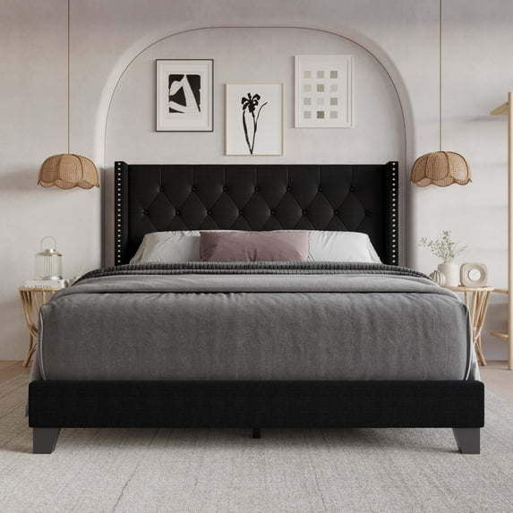 Home Design Homer Twin Button-Tufted Wingback Upholstered Panel Bed Frame with Nailhead Trim design for Adult, Black, Easy Assembly