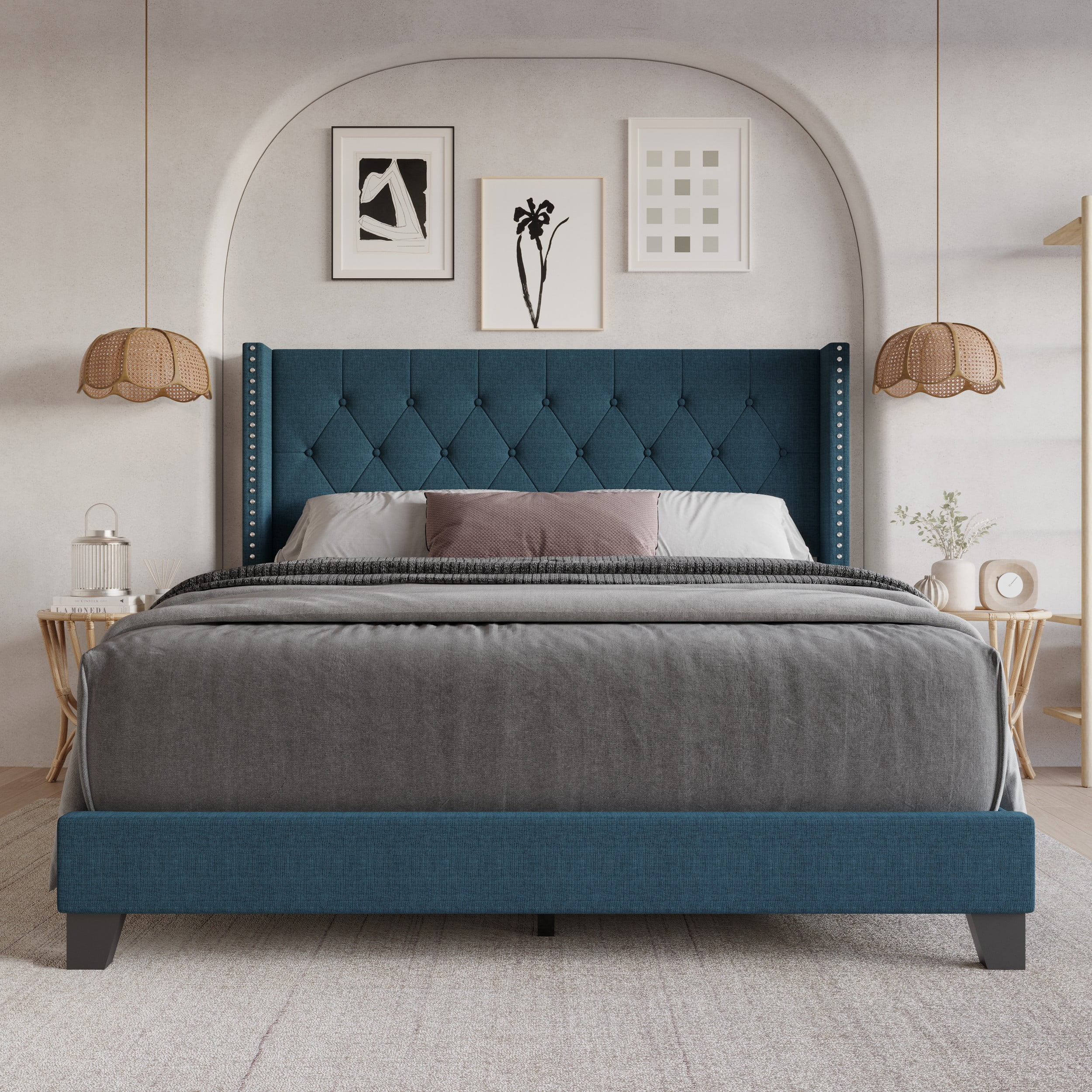 Home Design Homer Twin Button-Tufted Wingback Upholstered Panel Bed Frame with Nailhead Trim design for Adult, Denim Blue, Easy Assembly