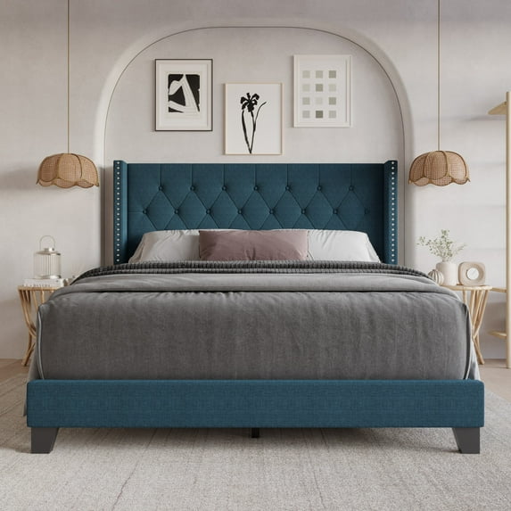 Home Design Homer Twin Button-Tufted Wingback Upholstered Panel Bed Frame with Nailhead Trim design for Adult, Denim Blue, Easy Assembly