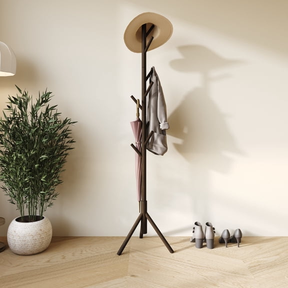 Home Design Houma Solid Wood Freestanding 8-Hook Coat Rack, Cappuccino – Entryway, Hallway, Bedroom Organizer for Jackets & Hats