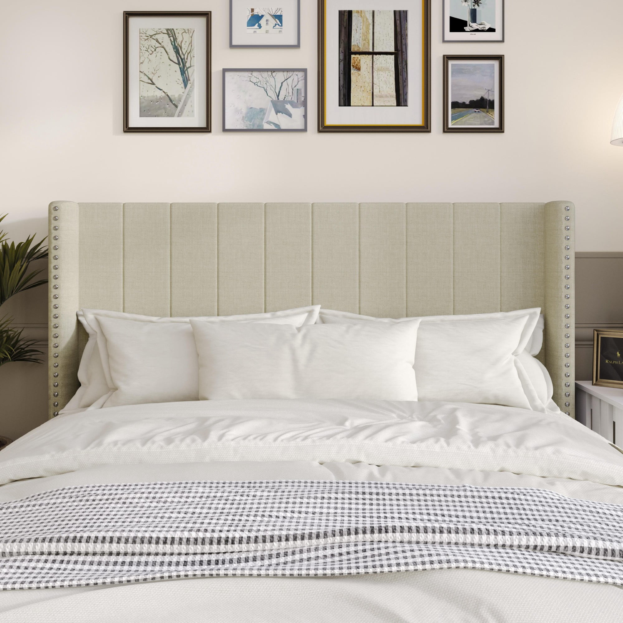 Home Design Ipswich Full Upholstered Wingback Headboard with Nailhead Trim, Modern Vertical Channel Tufting, Beige, Easy Assembly