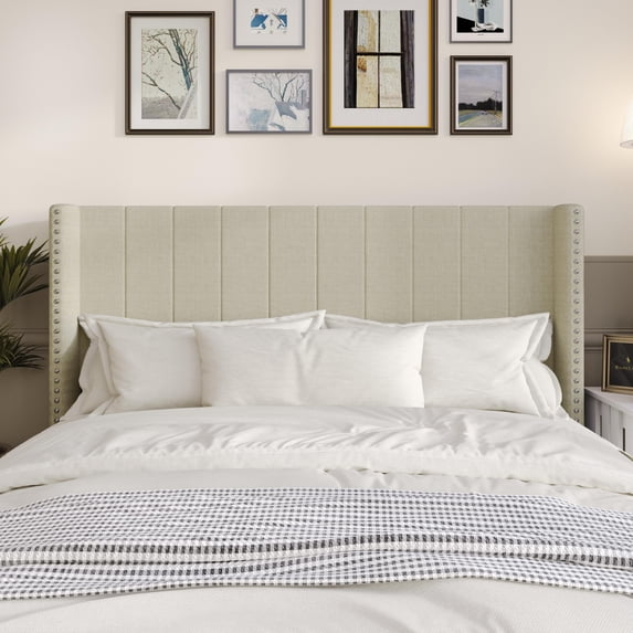 Home Design Ipswich Queen Upholstered Wingback Headboard with Nailhead Trim, Modern Vertical Channel Tufting, Beige, Easy Assembly