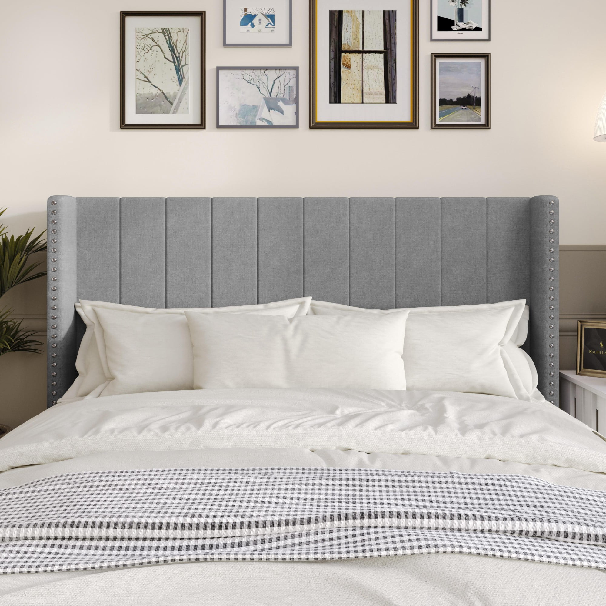 Home Design Ipswich Twin Upholstered Wingback Headboard with Nailhead Trim, Modern Vertical Channel Tufting, Gray, Easy Assembly