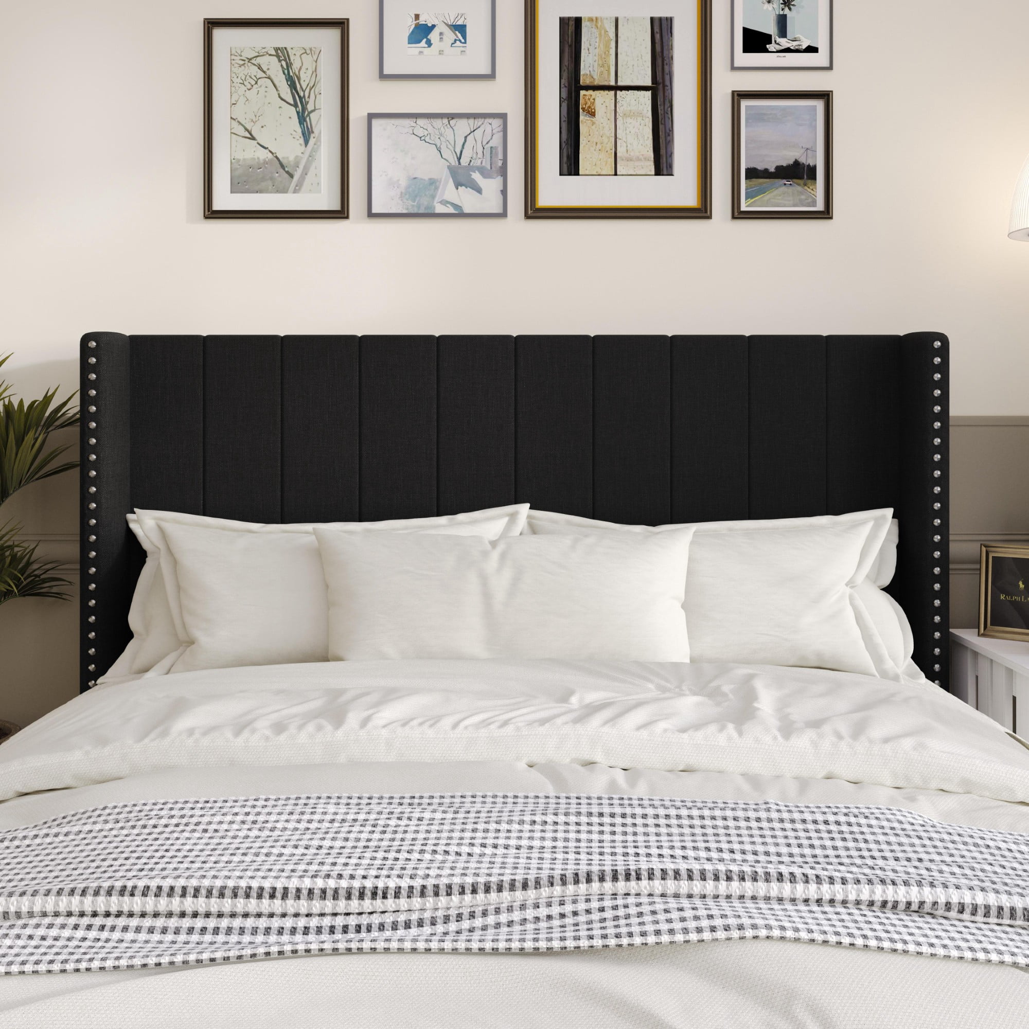Home Design Ipswich TwinUpholstered Wingback Headboard with Nailhead Trim, Modern Vertical Channel Tufting, Black, Easy Assembly