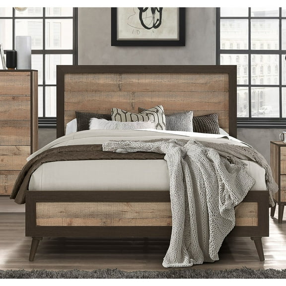Home Design Janet Queen Bed Frame with Wood Grain Panel Headboard and Footboard, Natural Oak, Easy assembly