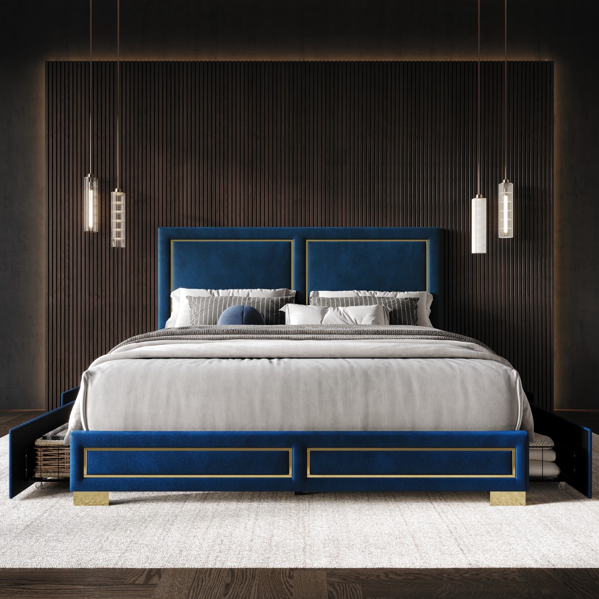 Home Design Jasper Full Upholstered Storage Platform Bed Frame with Gold Aluminum Trim and Four Under-Drawers, Blue, Easy Assembly