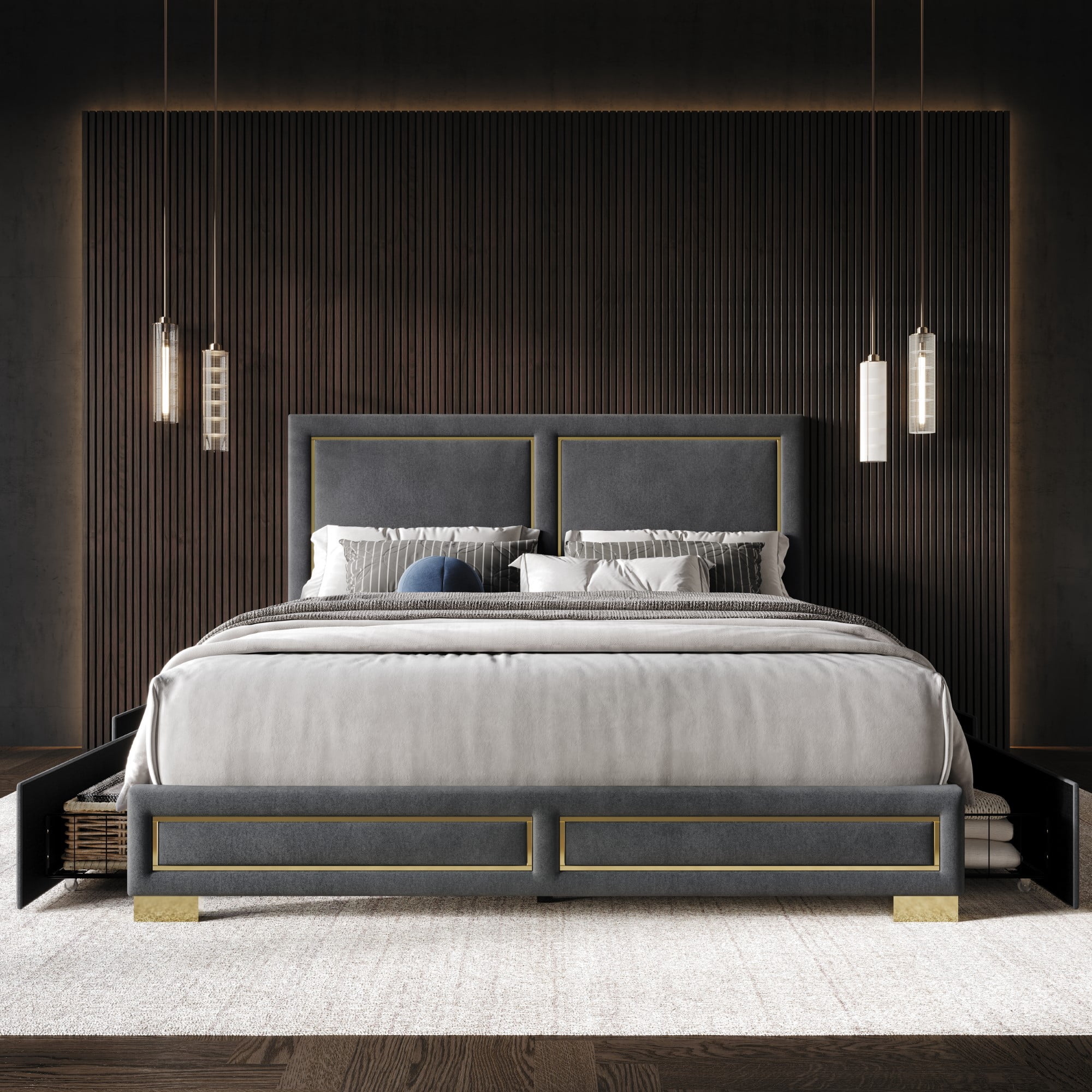 Home Design Jasper King Upholstered Storage Platform Bed Frame with Gold Aluminum Trim and Four Under-Drawers, Dark Gray, Easy Assembly