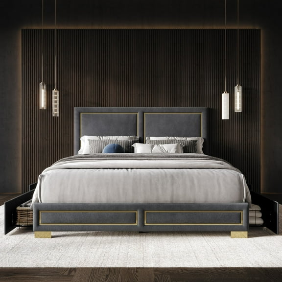 Home Design Jasper Queen Upholstered Storage Platform Bed Frame with Gold Aluminum Trim and Four Under-Drawers, Dark Gray, Easy Assembly